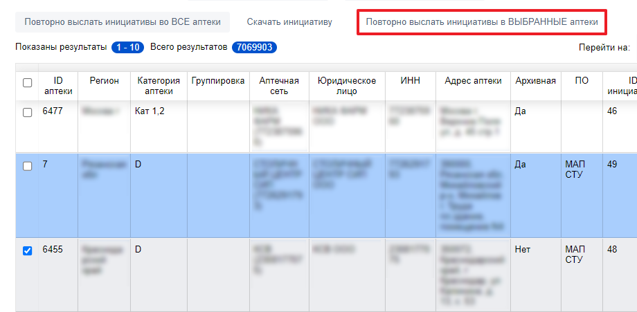 Повторно выслать инициативы в выбранные аптеки